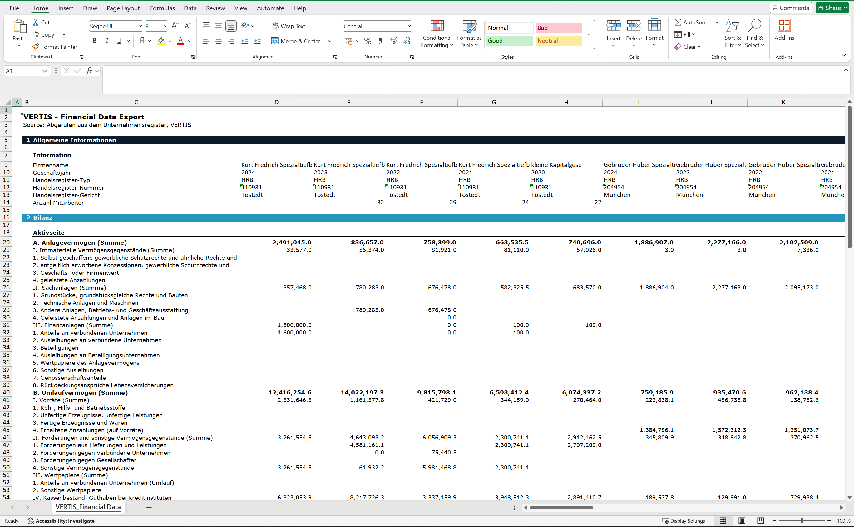VERTIS Excel-Export - strukturierte HGB-Positionen mit Bilanz und GuV mehrerer Unternehmen über mehrere Jahre